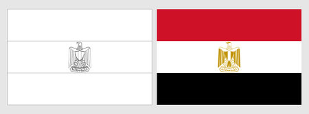 Egypt flag - coloring page. Set of white wireframe thin black outline flag and original colored flag.のイラスト素材