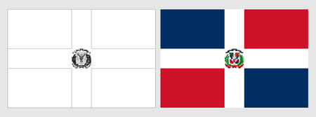 Dominican Republic flag - coloring page. Set of white wireframe thin black outline flag and original colored flag.のイラスト素材