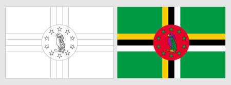 Dominica flag - coloring page. Set of white wireframe thin black outline flag and original colored flag.のイラスト素材
