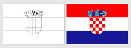 Croatia flag - coloring page. Set of white wireframe thin black outline flag and original colored flag.のイラスト素材