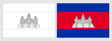 Cambodia flag - coloring page. Set of white wireframe thin black outline flag and original colored flag.のイラスト素材