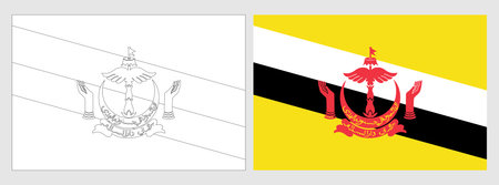 Brunei flag - coloring page. Set of white wireframe thin black outline flag and original colored flag.のイラスト素材