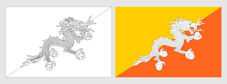 Bhutan flag - coloring page. Set of white wireframe thin black outline flag and original colored flag.のイラスト素材