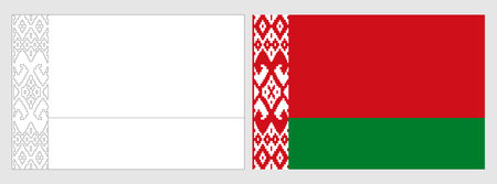 Belarus flag - coloring page. Set of white wireframe thin black outline flag and original colored flag.のイラスト素材