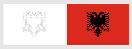 Albania flag - coloring page. Set of white wireframe thin black outline flag and original colored flag.のイラスト素材