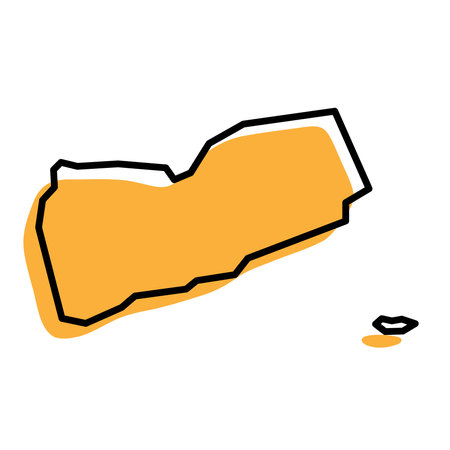Yemen country simplified map. Orange silhouette with thick black sharp contour outline isolated on white background. Simple vector iconのイラスト素材
