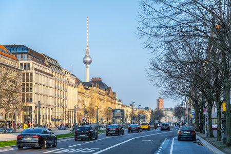 A clear blue sky over Unter den Linden Street, featuring the iconic Television Tower, German: Fernsehenturm, in the heart of Berlin, Germanyの写真素材