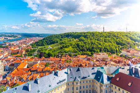A vibrant scene capturing the lush Petrin Hill Gardens with Prague historical architecture in the foreground, under a clear blue sky. Prague, Czechiaの写真素材
