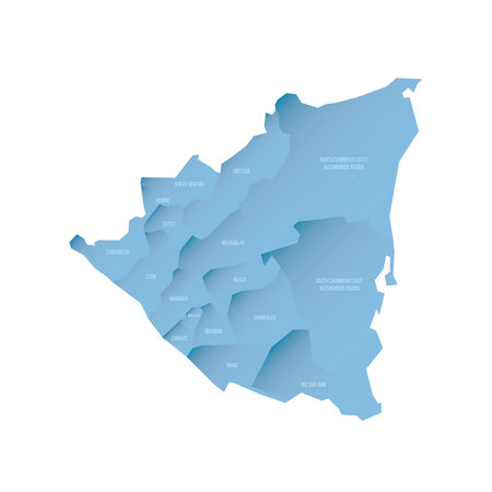 Nicaragua political map of administrative divisions - departments and autonomous regions. Shaded vector map with 3D-like blue gradient and name labelsのイラスト素材