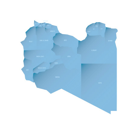 Libya political map of administrative divisions - districts. Shaded vector map with 3D-like blue gradient and name labelsのイラスト素材