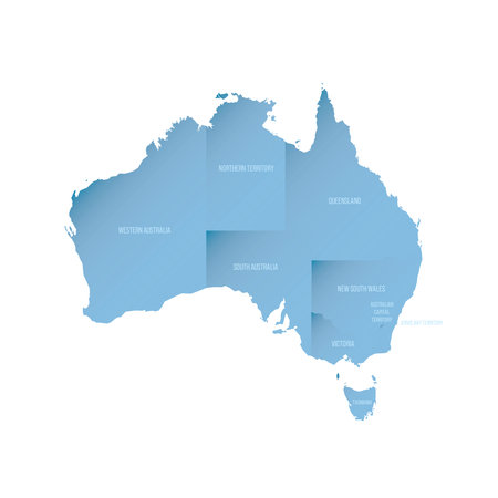 Australia political map of administrative divisions - states and teritorries. Shaded vector map with 3D-like blue gradient and name labelsのイラスト素材