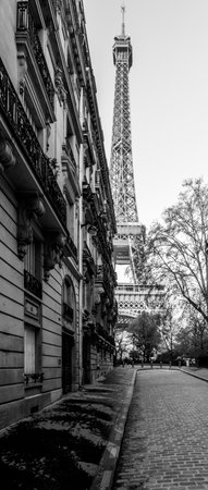 A quiet morning in Paris features empty cobblestone streets lined with elegant buildings, leading towards the iconic Eiffel Tower, framed by trees in a peaceful atmosphere.の写真素材