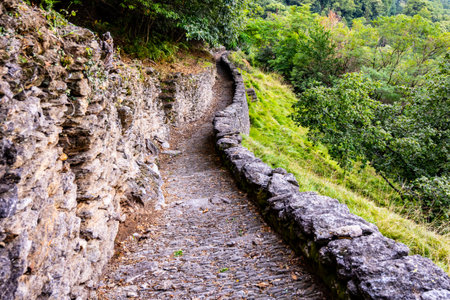 Explore the enchanting Sentiero del Viandante, a historic trail on Lake Comos eastern shore, surrounded by lush forests and stunning lakeside views, perfect for nature lovers and hikers.の写真素材