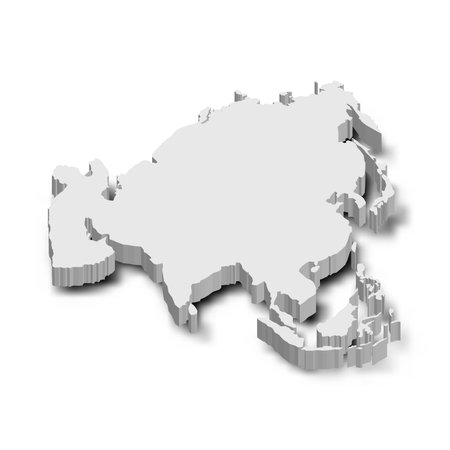 A detailed 3D shadow representation of Asia political map highlights the geographical features, offering a modern view of the continent layout without color or additional details.のイラスト素材