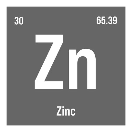 Zinc, Zn, periodic table element with name, symbol, atomic number and weight. Post-transition metal with various industrial uses, such as in certain types of alloys, and as a component in certain types of medication.のイラスト素材