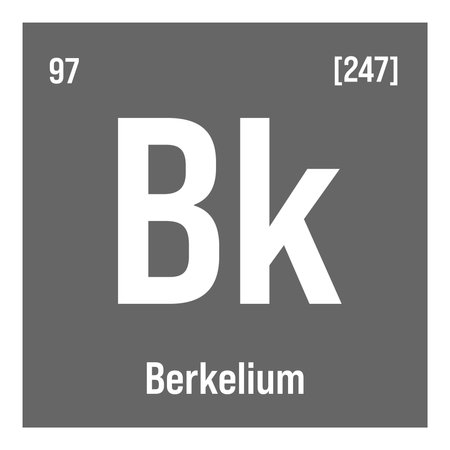 Berkelium, Bk, periodic table element with name, symbol, atomic number and weight. Synthetic radioactive element with potential uses in scientific research and nuclear power.のイラスト素材