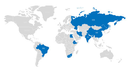 Political vector map of the BRICS intergovernmental organization member countries - Brazil, Russia, India, China, South Africa, Iran, Egypt, Ethiopia, and the United Arab Emiratesのイラスト素材