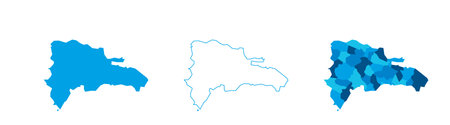 Dominican Republic set of three maps - solid map, outline map and map highlighting administrative divisions. Three distinct maps illustrate various representations of a geographical area.のイラスト素材