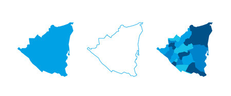 Nicaragua set of three maps - solid map, outline map and map highlighting administrative divisions. Three distinct maps illustrate various representations of a geographical area.のイラスト素材