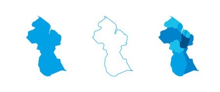 Guyana set of three maps - solid map, outline map and map highlighting administrative divisions. Three distinct maps illustrate various representations of a geographical area.のイラスト素材