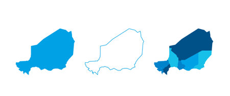 Niger set of three maps - solid map, outline map and map highlighting administrative divisions. Three distinct maps illustrate various representations of a geographical area.のイラスト素材