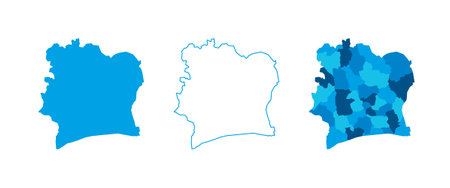 Ivory Coast set of three maps - solid map, outline map and map highlighting administrative divisions. Three distinct maps illustrate various representations of a geographical area.のイラスト素材