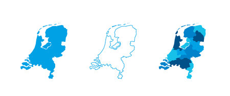 Netherlands set of three maps - solid map, outline map and map highlighting administrative divisions. Three distinct maps illustrate various representations of a geographical area.のイラスト素材