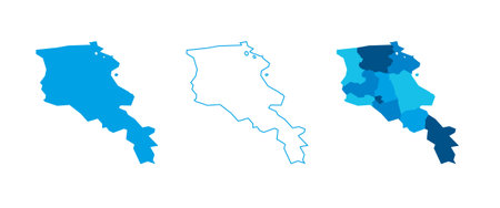 Armenia set of three maps - solid map, outline map and map highlighting administrative divisions. Three distinct maps illustrate various representations of a geographical area.のイラスト素材