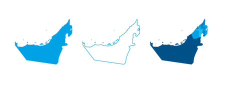 United Arab Emirates set of three maps - solid map, outline map and map highlighting administrative divisions. Three distinct maps illustrate various representations of a geographical area.のイラスト素材