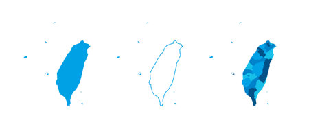 Taiwan set of three maps - solid map, outline map and map highlighting administrative divisions. Three distinct maps illustrate various representations of a geographical area.のイラスト素材