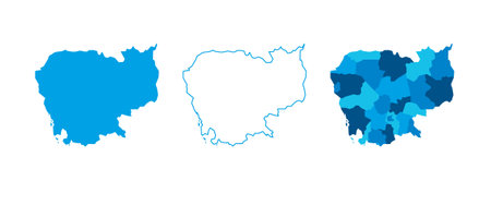 Cambodia set of three maps - solid map, outline map and map highlighting administrative divisions. Three distinct maps illustrate various representations of a geographical area.のイラスト素材