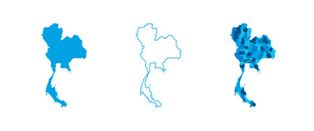 Thailand set of three maps - solid map, outline map and map highlighting administrative divisions. Three distinct maps illustrate various representations of a geographical area.のイラスト素材