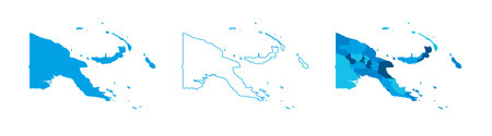 Papua New Guinea set of three maps - solid map, outline map and map highlighting administrative divisions. Three distinct maps illustrate various representations of a geographical area.のイラスト素材
