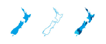 New Zealand set of three maps - solid map, outline map and map highlighting administrative divisions. Three distinct maps illustrate various representations of a geographical area.のイラスト素材