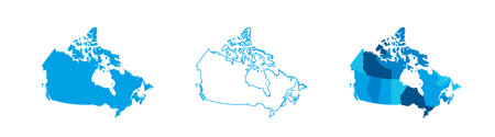 Canada set of three maps - solid map, outline map and map highlighting administrative divisions. Three distinct maps illustrate various representations of a geographical area.のイラスト素材