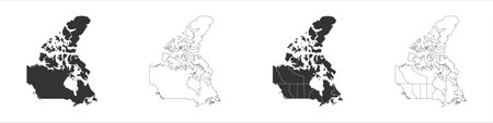 Canada set of three maps - solid map, outline map and map highlighting administrative divisions. Three distinct maps illustrate various representations of a geographical area.のイラスト素材