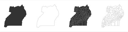 Uganda set of three maps - solid map, outline map and map highlighting administrative divisions. Three distinct maps illustrate various representations of a geographical area.のイラスト素材