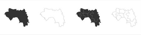 Guinea set of three maps - solid map, outline map and map highlighting administrative divisions. Three distinct maps illustrate various representations of a geographical area.のイラスト素材