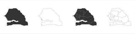 Senegal set of three maps - solid map, outline map and map highlighting administrative divisions. Three distinct maps illustrate various representations of a geographical area.のイラスト素材