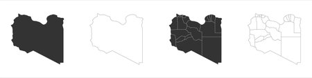 Libya set of three maps - solid map, outline map and map highlighting administrative divisions. Three distinct maps illustrate various representations of a geographical area.のイラスト素材
