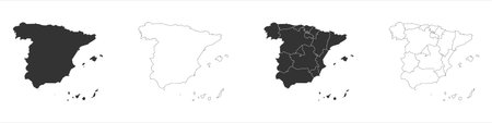 Spain set of three maps - solid map, outline map and map highlighting administrative divisions. Three distinct maps illustrate various representations of a geographical area.のイラスト素材