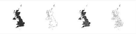 United Kingdom of Great Britain and Northern Ireland set of three maps - solid map, outline map and map highlighting administrative divisions. Three distinct maps illustrate various representations of a geographical area.のイラスト素材