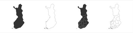 Finland set of three maps - solid map, outline map and map highlighting administrative divisions. Three distinct maps illustrate various representations of a geographical area.のイラスト素材