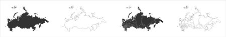 Russia set of three maps - solid map, outline map and map highlighting administrative divisions. Three distinct maps illustrate various representations of a geographical area.のイラスト素材