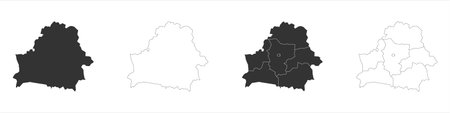 Belarus set of three maps - solid map, outline map and map highlighting administrative divisions. Three distinct maps illustrate various representations of a geographical area.のイラスト素材