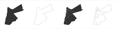 Jordan set of three maps - solid map, outline map and map highlighting administrative divisions. Three distinct maps illustrate various representations of a geographical area.のイラスト素材