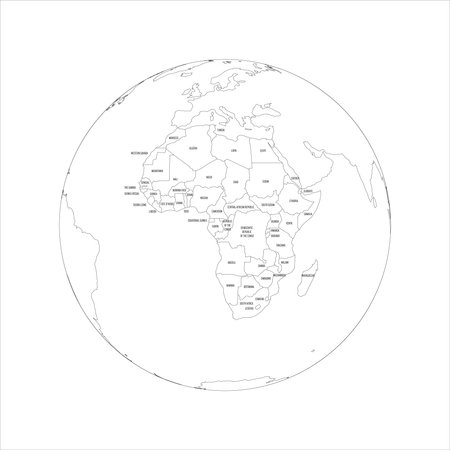 Political map of Africa. Thin black outline map with country name labels on white background. Ortographic projection. Vector illustrationのイラスト素材