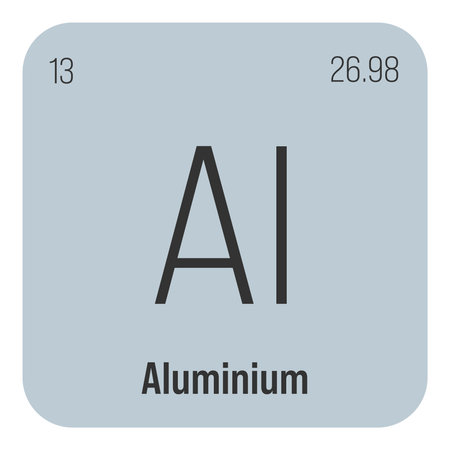 Aluminum, Al, periodic table element with name, symbol, atomic number and weight. Lightweight metal commonly used in construction, packaging, and transportation industries due to its strength and corrosion resistance.のイラスト素材