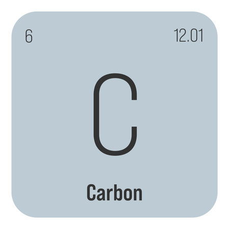 Carbon, C, periodic table element with name, symbol, atomic number and weight. Non-metal with a wide range of industrial uses, such as in carbon fiber, fuel cells, and as a primary component of all known life forms.のイラスト素材