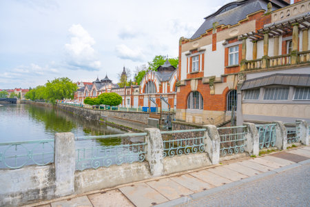 The striking Art Nouveau building stands proudly along the river in Hradec Kralove, showcasing its intricate design and historical significance in the region.の写真素材